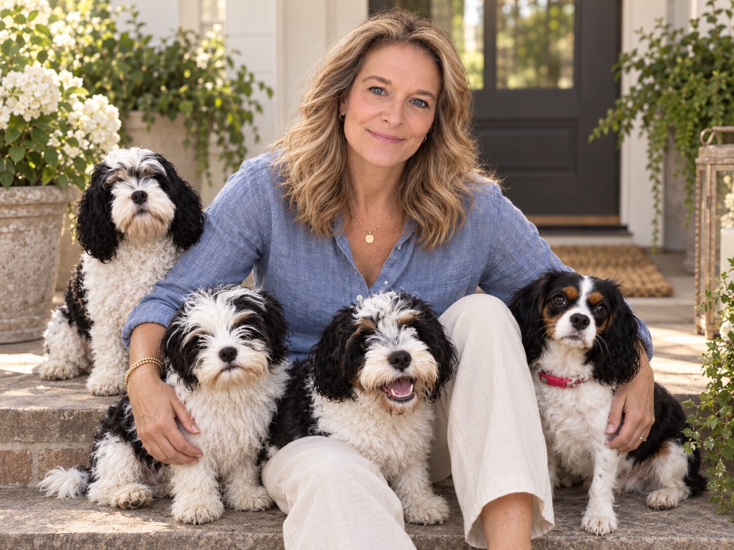 Dawn relaxing at home with four dogs